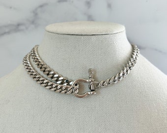 Thick Silver Chain Necklace Silver Double Chain Necklace Silver Cuban Chain Necklace Carabiner Chain Necklace Thick Chunky Chain Necklace