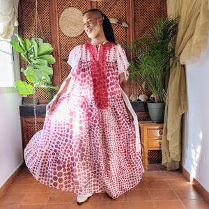 Long Sheer Ruffle Red Polka Dot Dress