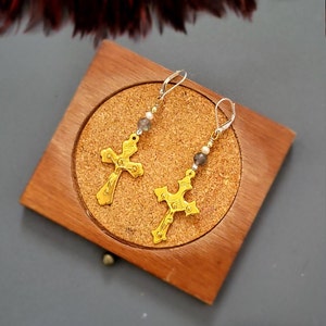 Gold Kreuz Labradorit Splitter Perle Ohrringe