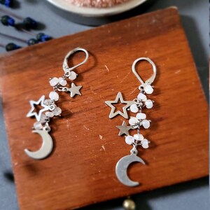 Moonstones Crescent Stars Silver Dangle Earrings