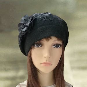 Black Felted Wool Beret: Floral Applique French Style Hat