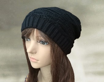 Slightly slouchy hat, Black knitted hat, Baggy black beanie, Classic unisex hat, Fall winter beanie, Warm wool cap, Knit warm hat