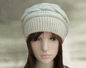 Winter wool beret, Winter womens hats, Beige knit beret, Knit hat ladies, Slight slouchy beret, Hats for winter, Warm wool beanie