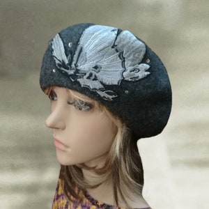 Gray Wool Felt Beret: French Style Applique Embellished Beret
