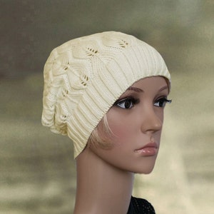 Gorro de malha branca folgado: gorro boho de mistura de lã