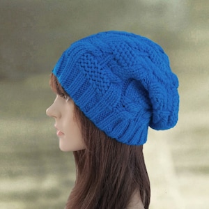 Blue Wool Slouchy Beanie: Knitted Winter Hat