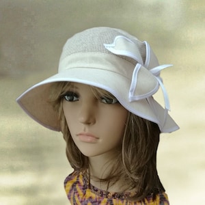 Beige Linen Cloche Hat: Summer Sun Hat with Cotton Lace