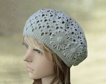 Summer knit beret, Womens cotton hats, Light coral lace hat, Slouchy beret hat, Knitted lace beret, Lightweight beret, Cotton beret lady,