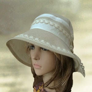 Linen Summer Hat with Lace: Wide Brim Sun Hat