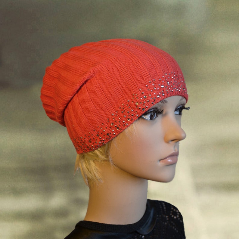 Knitted beanie hat Slouchy beanie tam Knit cap Coral boho hat Knit slouchy hat Spring summer hat Light thin hat tam Slouch beanie hat