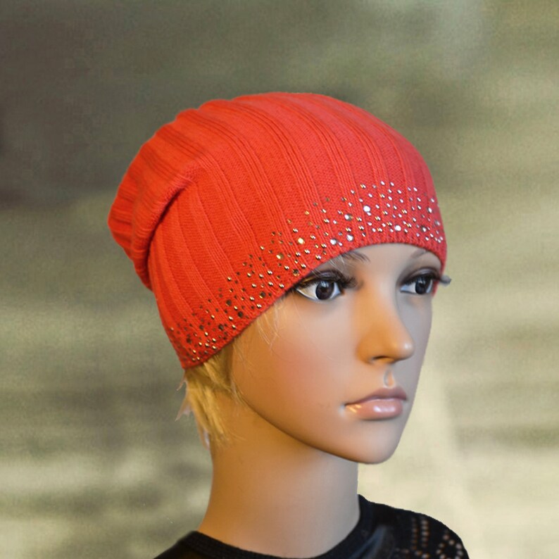 Knitted beanie hat Slouchy beanie tam Knit cap Coral boho hat Knit slouchy hat Spring summer hat Light thin hat tam Slouch beanie hat