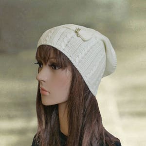 Wool Blend Knit Slouchy Beanie - White Winter Hat