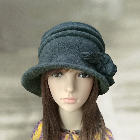 Elegant Gray Felt Cloche Hat with Rosette Trim Gray Wool Felt Cloche Hat: Vintage Inspired Silk Rose  main image 3