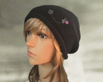 Black Knit Slouchy Beanie: Lightweight Wool Blend Cap