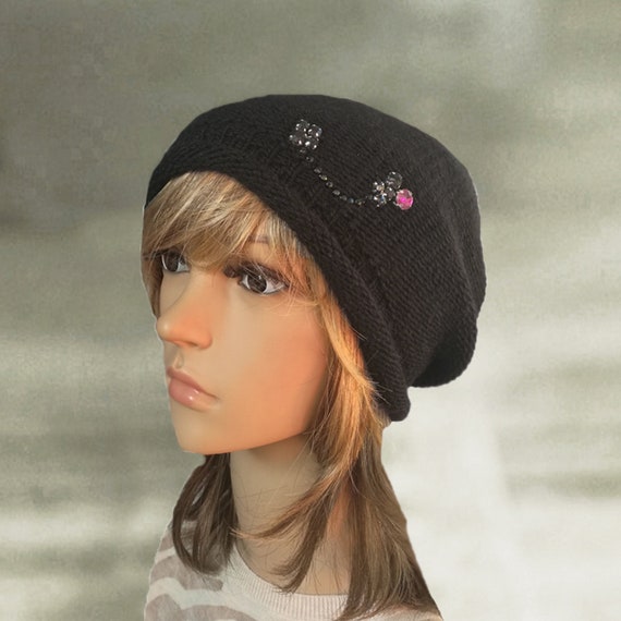 Black Knit Slouchy Beanie: Lightweight Wool Blend Cap - Etsy