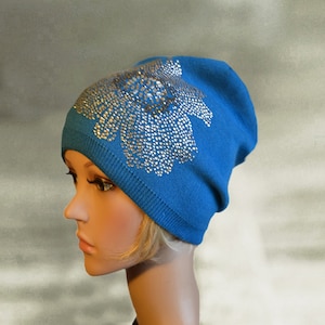 Wool Blend Slouchy Beanie: Lightweight Knit Hat with Rhinestone Detail