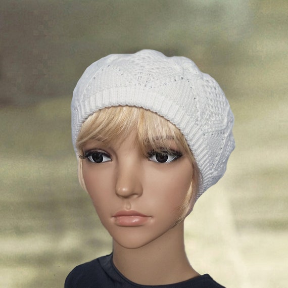 Womens Knit Beret White Slouchy Beret Knitted Wool Beret Ladies Knit Beret Embellished Beret Slightly Slouchy Hat Knit Beret for Lady Etsy