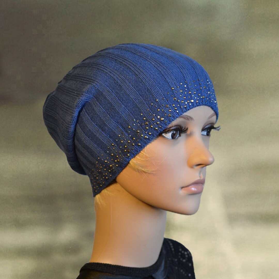 Blue Slouchy Beanie, Knit Slouch Hats, Slouchy Knitted Cap, Knit Womens