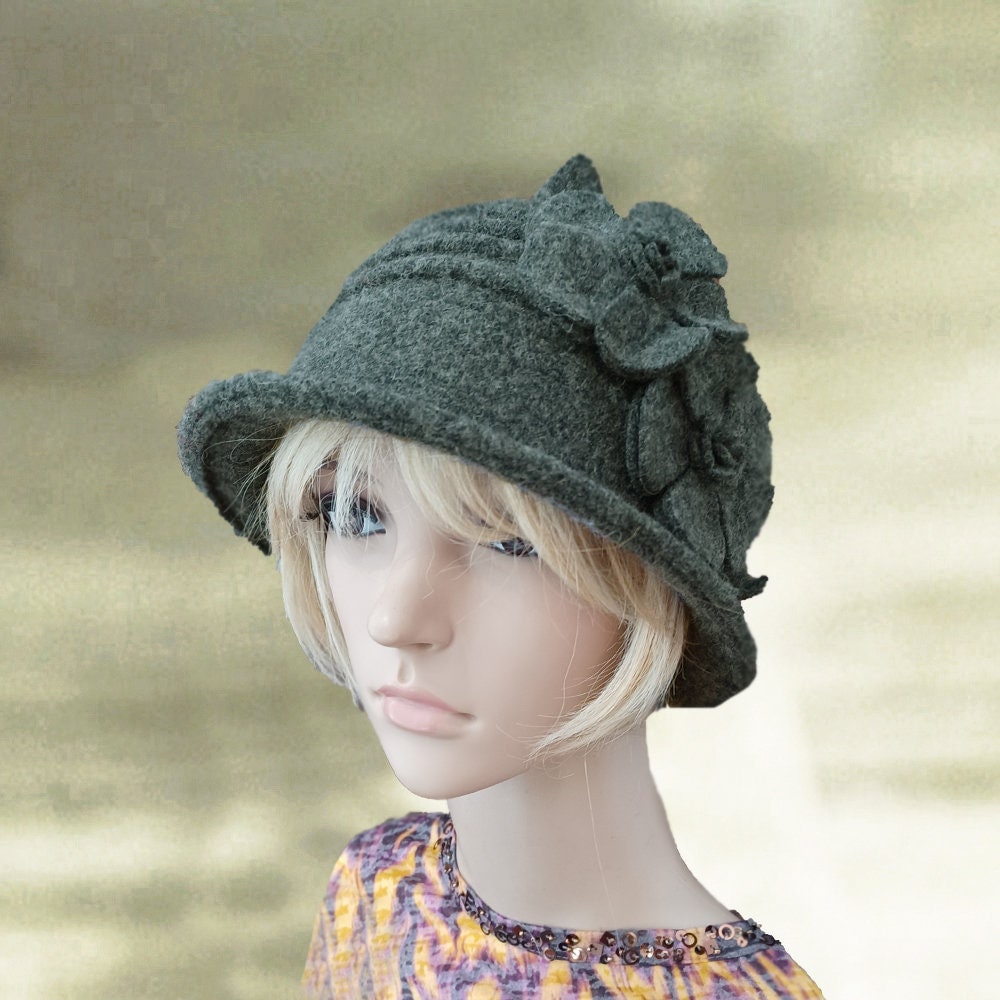 FASHION HATS Elegant Gray Wool Cloche Flower Hat Womens Retro Collapsible Soft Knit Wool Cloche Hat Bucket  main image 4