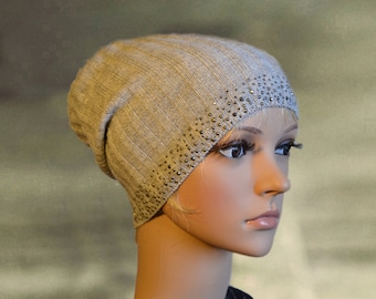 Gray Knit Slouchy Beanie: Wool Blend Spring Hat