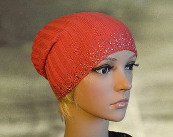 Slouch beanie hat, Slouchy beanie tam, Coral boho hat, Knit slouchy hat, Spring summer hat, Light thin hat tam, Knitted beanie hat, Knit cap