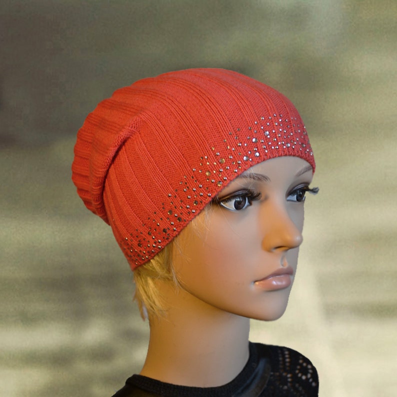 Knitted beanie hat Slouchy beanie tam Knit cap Coral boho hat Knit slouchy hat Spring summer hat Light thin hat tam Slouch beanie hat