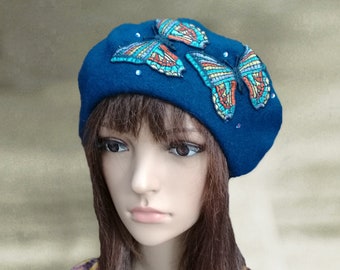 Winter felt hat, Winter felted beret, Womes felt beret, Ladis felted beret, Beret for women, Fashion felt beret, Blue winter beret