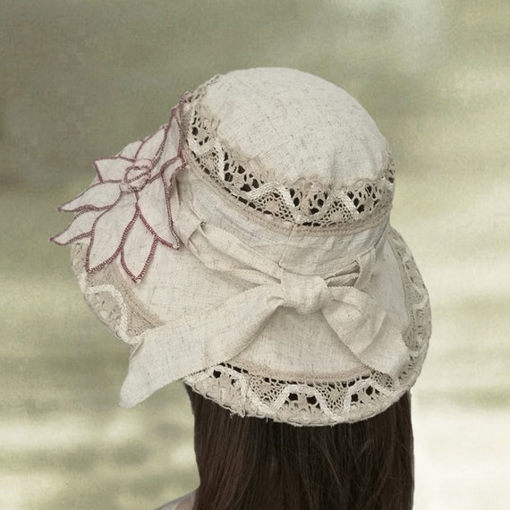 Linen Cotton Wide Brim Sun Hat: Beige Summer Hat With Lace  display picture 1