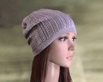 Knitted slouchy hat, Knit slouch beanie, Gray womens hat cap, Summer spring hat, Boho beanie hat, Light knit cap, Hipster hat beanie