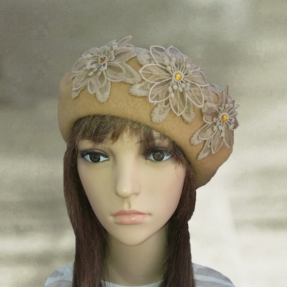Wool Felt Beret With Lace Flowers - French Style Winter Hat - Etsy