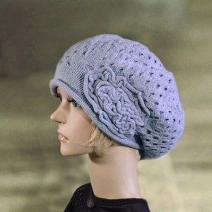 Wool Knit Slouchy Beret: Light Blue Oversize Winter Hat