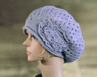 Wool slouchy beret, Ladies knit beret, Oversize knit hat, Knit womens beret, Light blue beret, Women's winter hat, Knit baggy beret