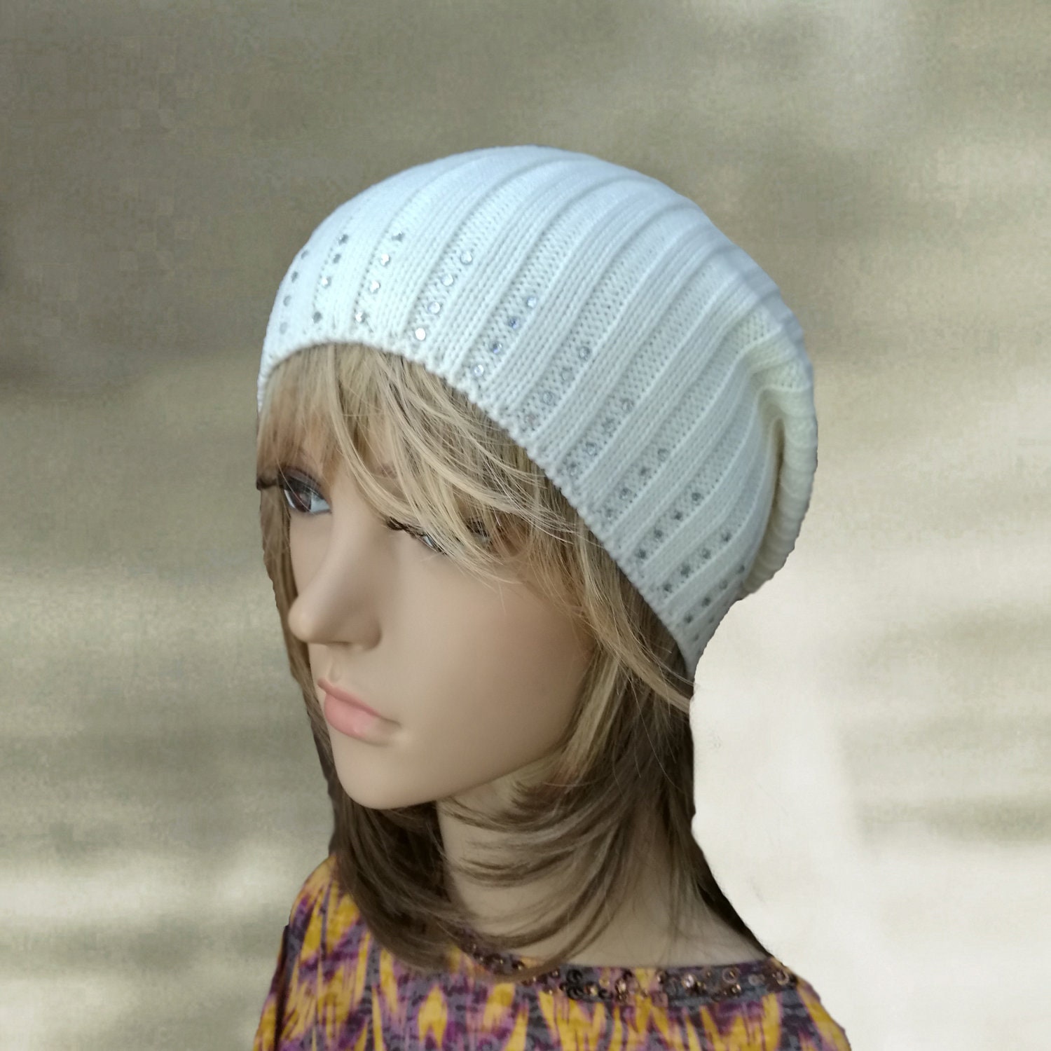 Slouchy Knit Wool Beanie: Oversized White Beret - Etsy display picture 1
