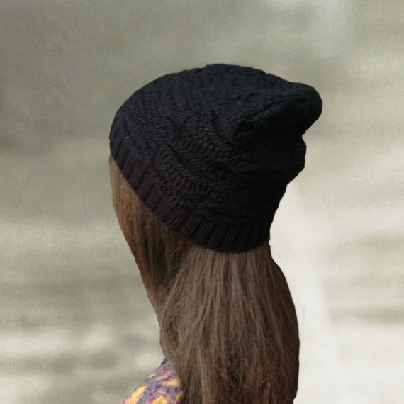 Black knit 100% wool slouchy Beanie Black Knit Slouchy Beanie: Lightweight Wool Blend Cap - Etsy main image 3