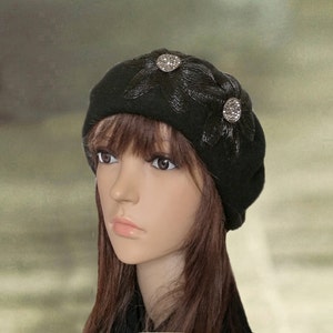 Black Wool Felt Beret: Classic French Style, Embellished Flowers