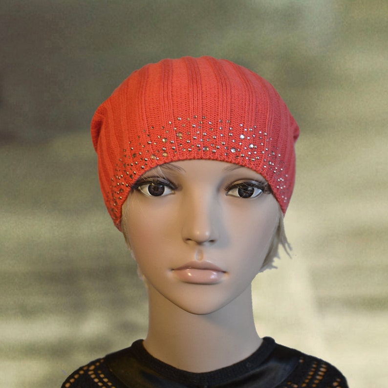 Knitted beanie hat Slouchy beanie tam Knit cap Coral boho hat Knit slouchy hat Spring summer hat Light thin hat tam Slouch beanie hat