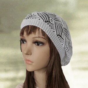 White Cotton Lace Beret: Handknit Feminine Slouchy Hat