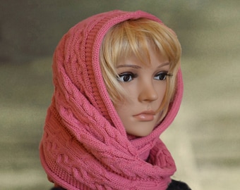 Knitted Wool Cowl Scarf: Winter Hooded Infinity Scarf