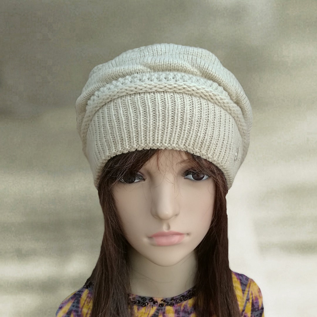 Winter Wool Beret, Winter Womens Hats, Beige Knit Beret, Knit Hat