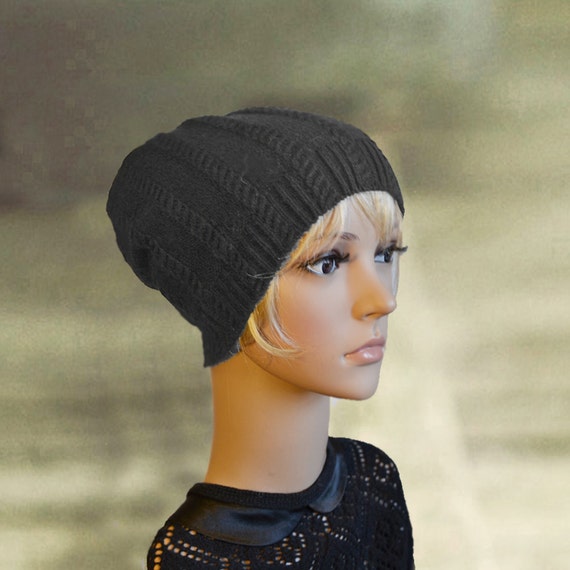 Slouchy Black Wool Beanie: Oversized Knit Winter Hat - Etsy display picture 3
