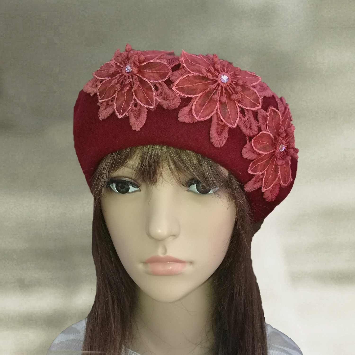 Wool Felt Beret With Lace Flowers - French Style Winter Hat - Etsy
