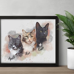 3 Pets Potrait, Custom Pet Portrait, Multiple Cats, Multiple Dogs, Watercolor, Custom Drawing Pet, Multiple Pet, Custom From Photo