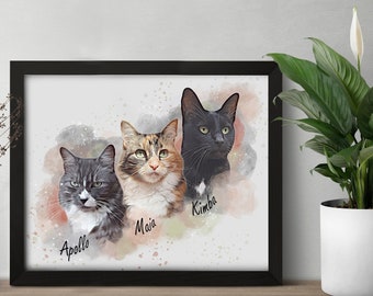 3 Pets Potrait, Custom Pet Portrait, Multiple Cats, Multiple Dogs, Watercolor, Custom Drawing Pet, Multiple Pet, Custom From Photo