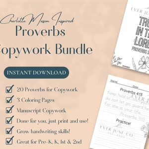 Proverbs Copywork, 1st Grade, 2nd Grade,  Pre-K/Kinder, Homeschool Copywork, CM Inspired, Bible Verse Copywork, Printable, Digital Download