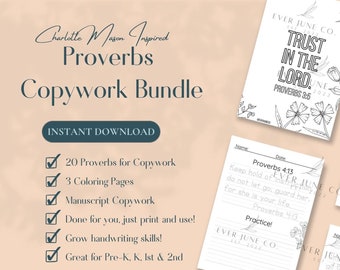 Proverbs Copywork, 1st Grade, 2nd Grade,  Pre-K/Kinder, Homeschool Copywork, CM Inspired, Bible Verse Copywork, Printable, Digital Download