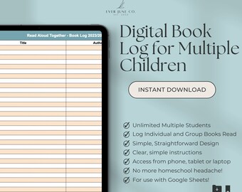 DIGITAL Book Log For Multiple Students, Homeschool Book Tracker, Reading Log, Homeschool Book Log for Google Sheets