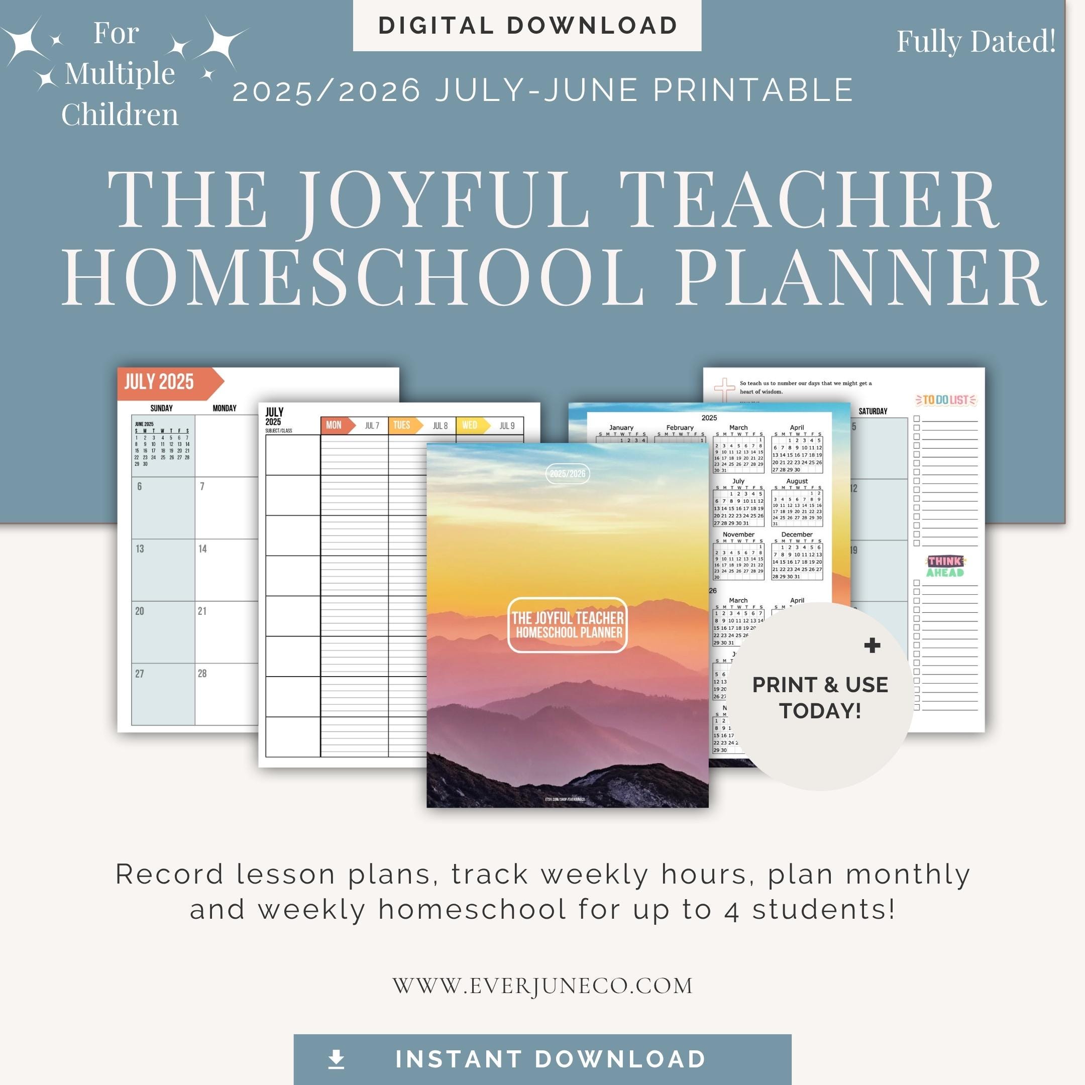 PRINTABLE Homeschool Lesson Planner 2025/2026 July - June with Weekly Hour Log, Missouri, Monthly/Weekly Lesson Planner, Sunset Mountain