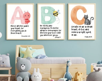 Arte mural con alfabeto para guardería, acuarela bíblica, versículos bíblicos, tamaño A3 (29,7 x 41,9 cm), decoración inspiradora, impresión artística de la A a la Z