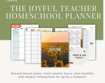 Planificador de lecciones para educación en casa imprimible, julio-junio 2025/2026, con registro semanal de horas, Missouri, planificador mensual/semanal, 2 estudiantes, girasol