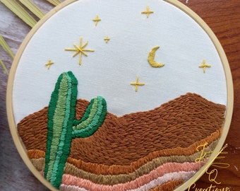 Hand embroidered hoop art with Boho Emerald Green Cactus in Mountain